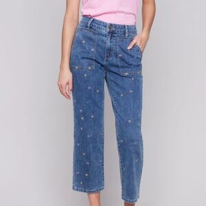 Women's Blue Embroidered Crop Jeans